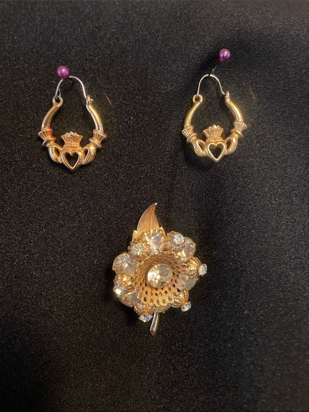 Gold Claddagh Hoop Earrings with Gold Floral Rhinestone Brooch Set